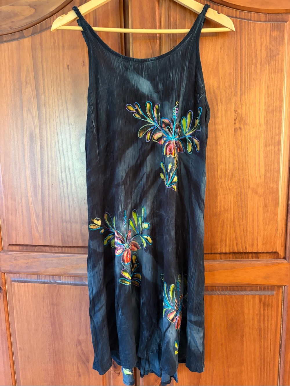 Tropical Batik Black Casual Slip Dress Floral Embroidery One Size